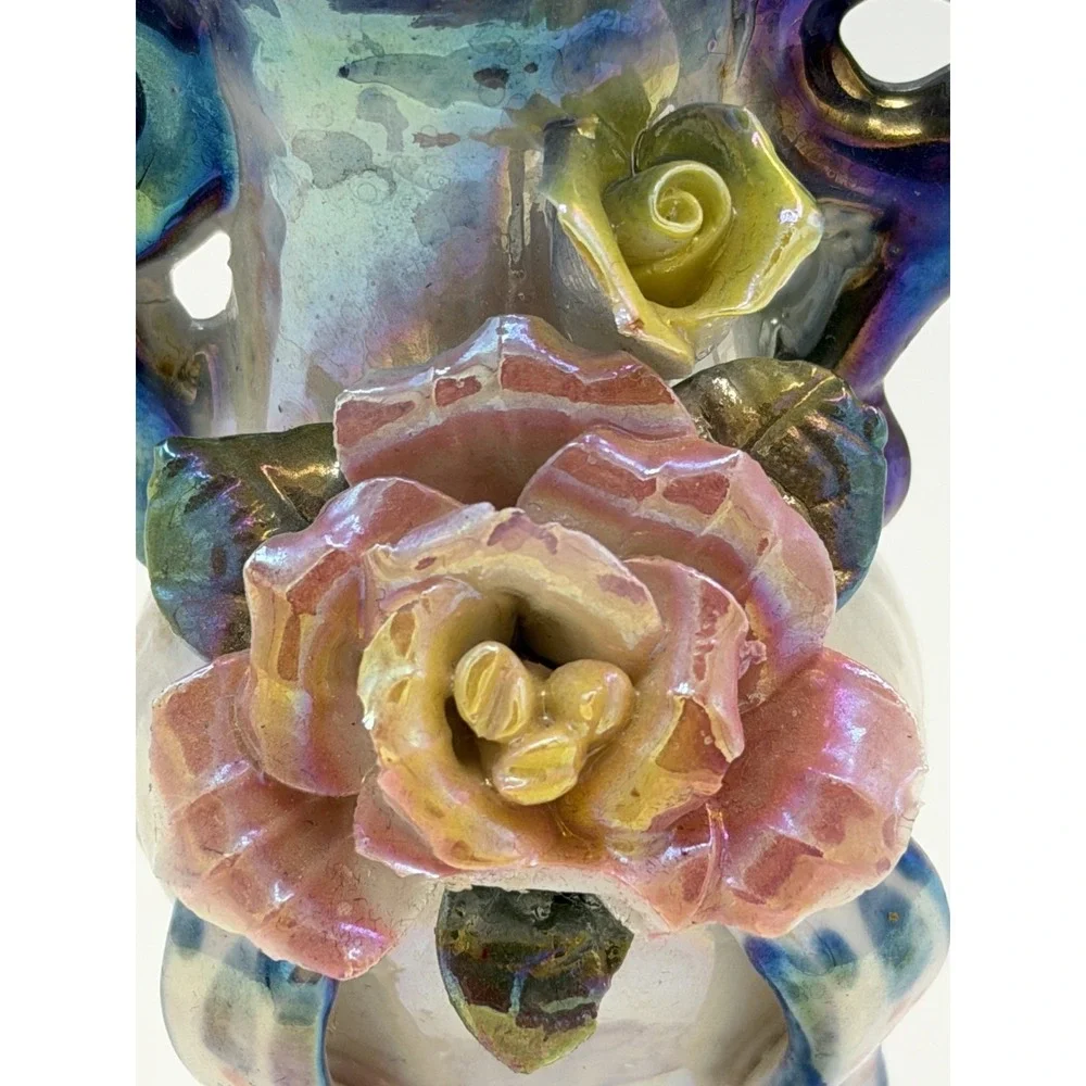Vintage Lustreware Mini Vase Applied Pink Rose Floral Double Handle Iridescent